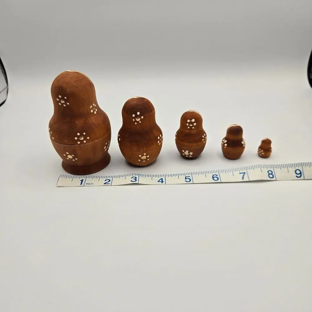 5 Piece Russian Nesting Doll Set w/Gold Accents Hand Painted hand carved wood